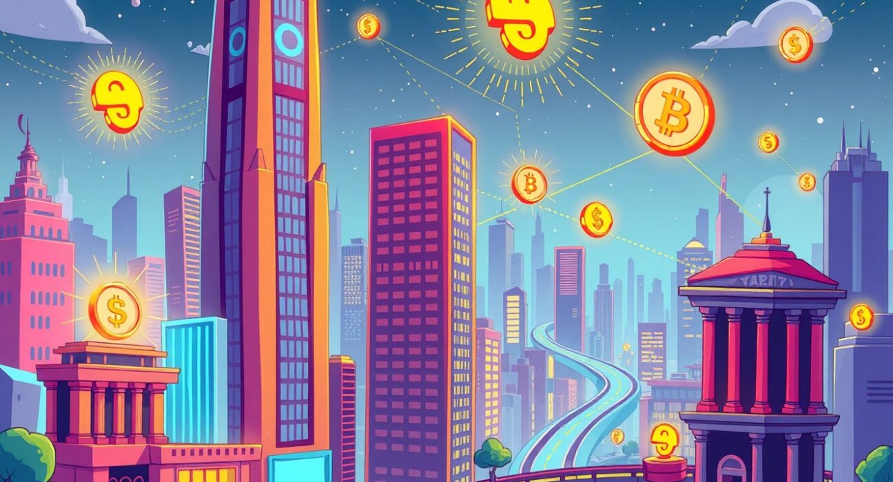 Digital tokenized US bond illustration showing blockchain technology transforming traditional finance