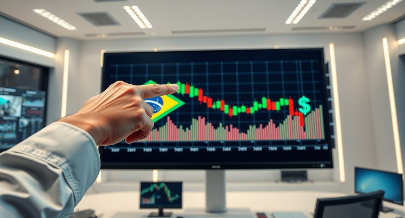 Financial analyst pointing at USD/BRL downtrend chart on a digital screen in a modern office