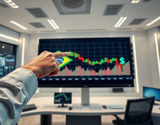 Financial analyst pointing at USD/BRL downtrend chart on a digital screen in a modern office