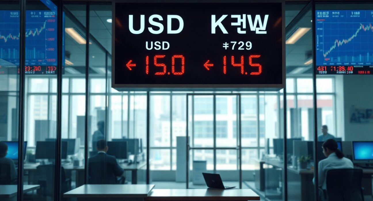 Currency exchange board in Seoul showing USD/KRW rates, symbolizing the South Korean won's outlook.