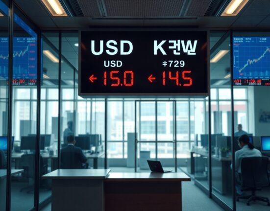 Currency exchange board in Seoul showing USD/KRW rates, symbolizing the South Korean won's outlook.
