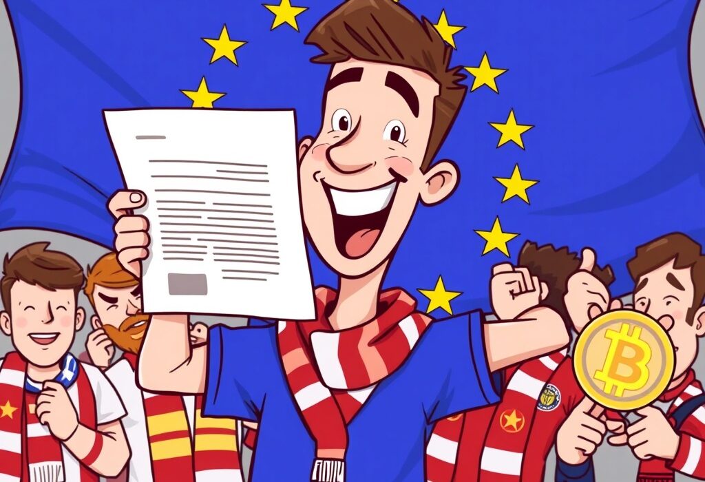 A vibrant cartoon illustration depicting a person celebrating MiCA approval for a sports token platform, symbolizing a regulatory milestone.