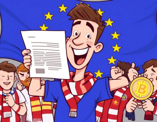 A vibrant cartoon illustration depicting a person celebrating MiCA approval for a sports token platform, symbolizing a regulatory milestone.