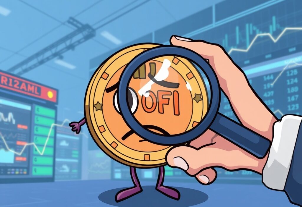A magnifying glass scrutinizes a digital coin, symbolizing SOFI closely monitored asset status on an exchange.