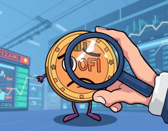A magnifying glass scrutinizes a digital coin, symbolizing SOFI closely monitored asset status on an exchange.