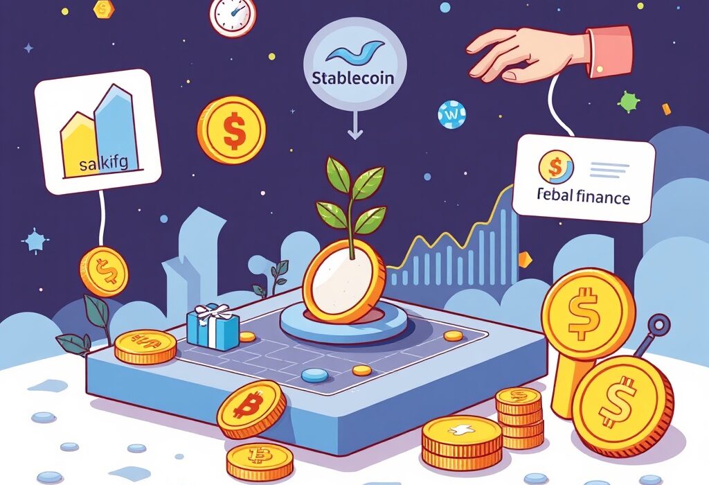 A cartoon illustration showing SoFi Crypto expanding its services, including staking and borrowing, signifying a new era of digital finance.