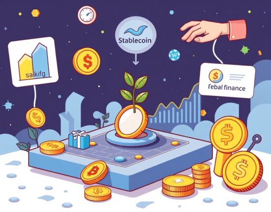 A cartoon illustration showing SoFi Crypto expanding its services, including staking and borrowing, signifying a new era of digital finance.