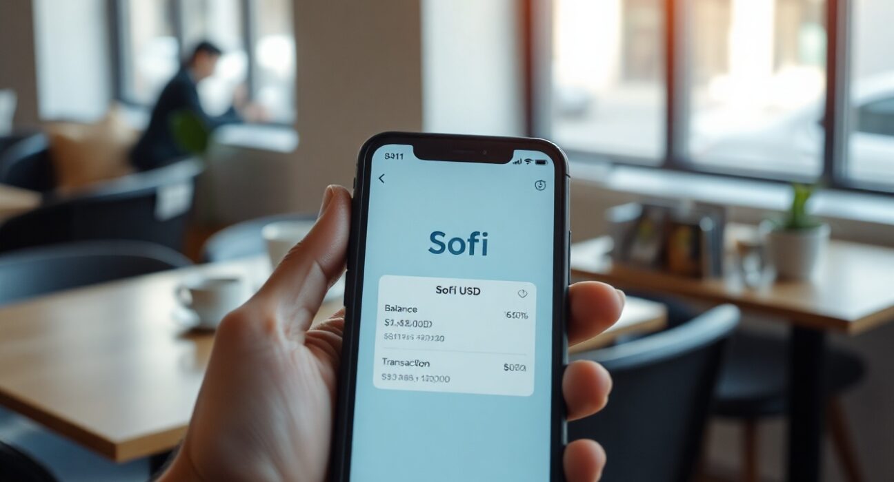 Smartphone displaying SoFi app with SoFi USD stablecoin interface in a bright office setting