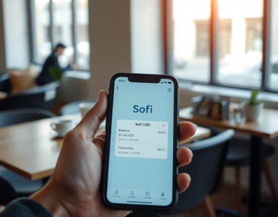 Smartphone displaying SoFi app with SoFi USD stablecoin interface in a bright office setting