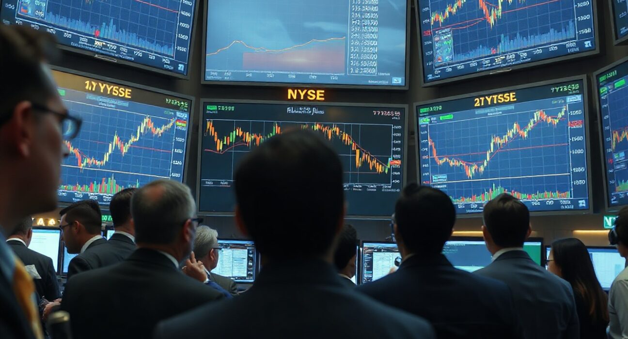 Traders on a financial market floor watching screens with economic data charts