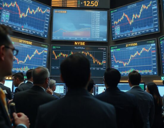 Traders on a financial market floor watching screens with economic data charts
