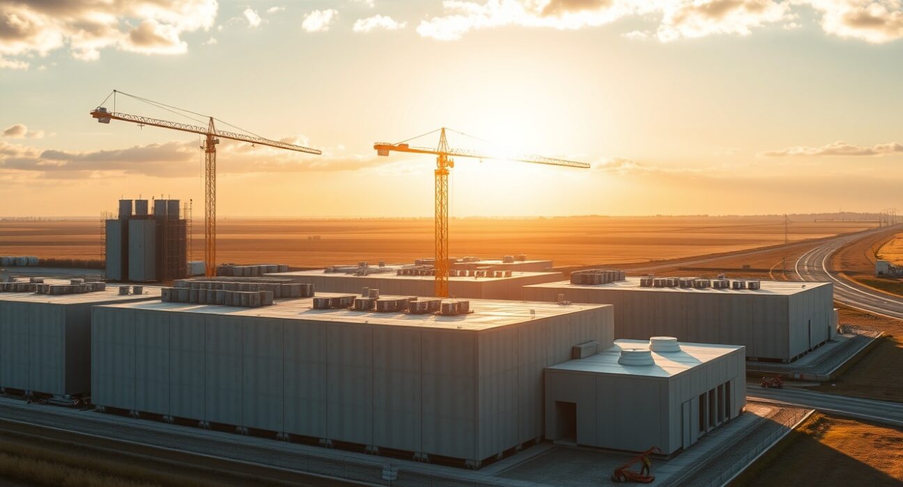 Construction of a large SoftBank data center complex in northern France with cranes and workers under a partly cloudy sky.