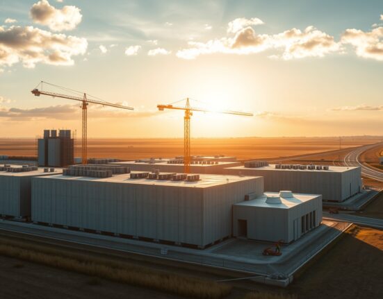 Construction of a large SoftBank data center complex in northern France with cranes and workers under a partly cloudy sky.