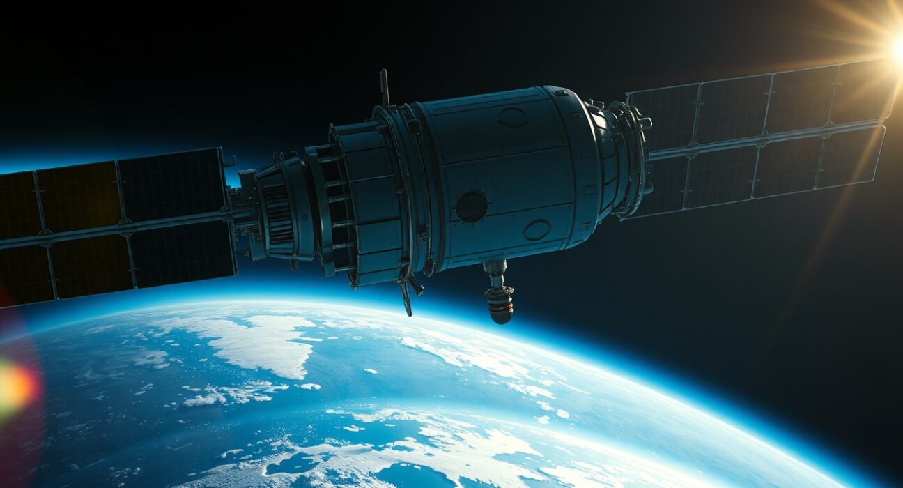 Futuristic orbital data center satellite above Earth in photorealistic style