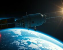 Futuristic orbital data center satellite above Earth in photorealistic style