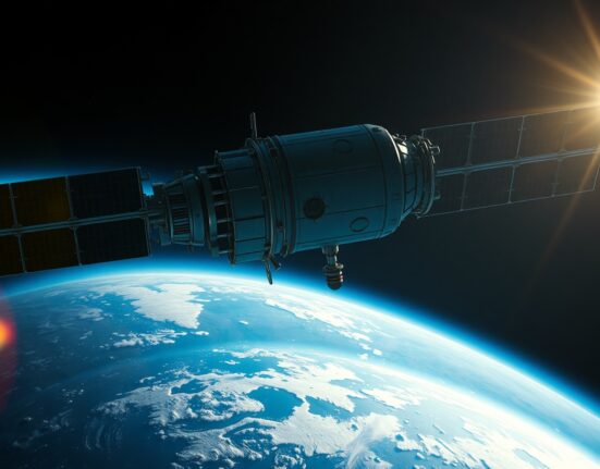 Futuristic orbital data center satellite above Earth in photorealistic style