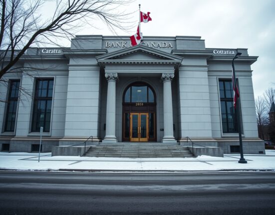 Bank of Canada building in Ottawa under overcast sky, reflecting steady monetary policy outlook