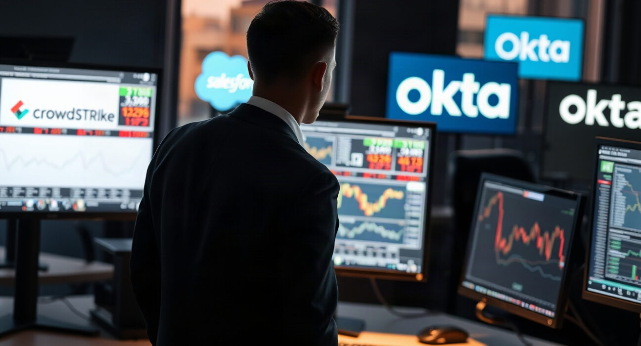 Stock charts on monitors in a trading office, with software company logos in the background