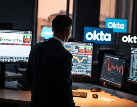 Stock charts on monitors in a trading office, with software company logos in the background