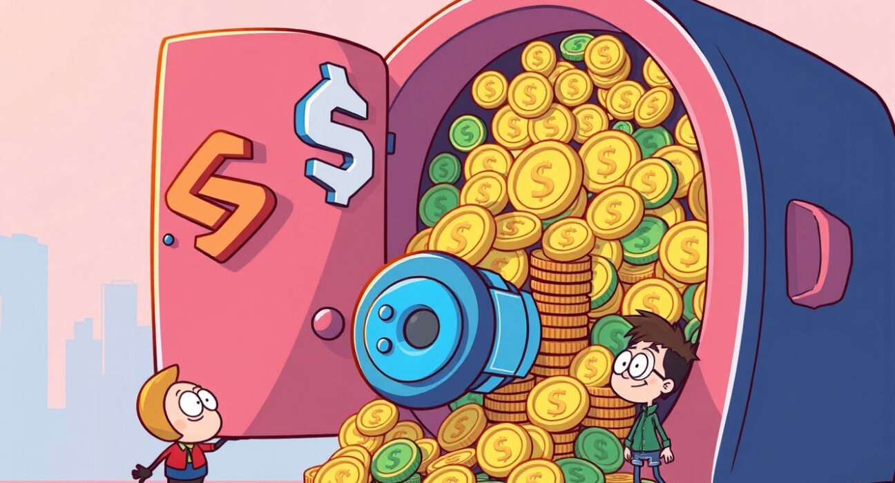 Cartoon showing a secure digital vault receiving a massive SOL accumulation, representing Galaxy Digital's significant Solana investment.