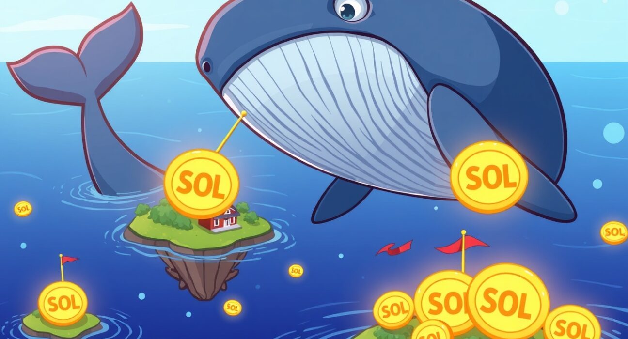 A cartoon whale accumulating Solana (SOL) coins, symbolizing significant SOL institutional accumulation and large-scale withdrawals.