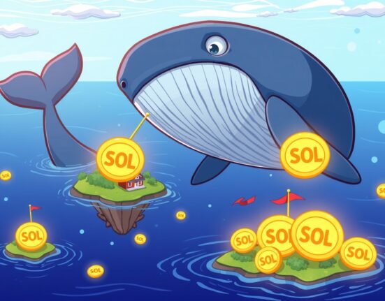 A cartoon whale accumulating Solana (SOL) coins, symbolizing significant SOL institutional accumulation and large-scale withdrawals.