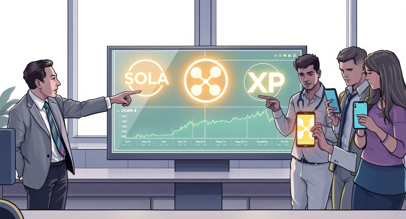 Institutional and retail investors analyzing SOL and XRP ETF data on financial dashboard