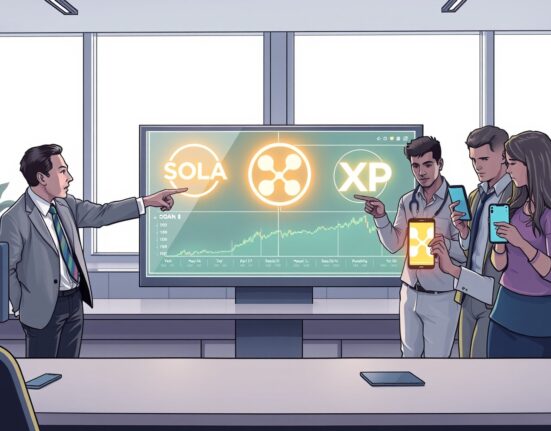 Institutional and retail investors analyzing SOL and XRP ETF data on financial dashboard