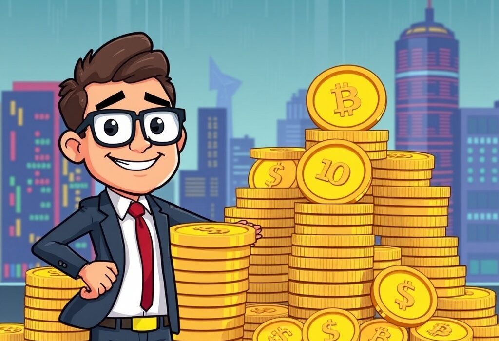 A cartoon investor confidently showcases significant SOL holdings, representing institutional confidence in Solana's future.