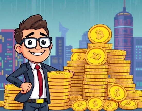 A cartoon investor confidently showcases significant SOL holdings, representing institutional confidence in Solana's future.