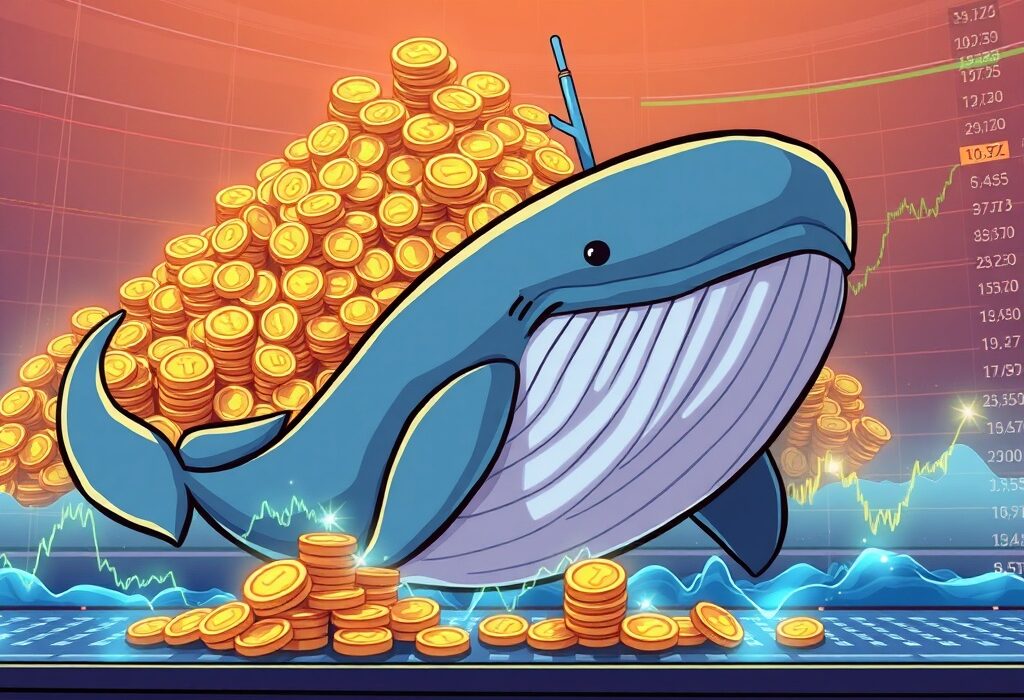 A cartoon whale making a large SOL long position trade on a crypto exchange, symbolizing a significant investment in Solana.