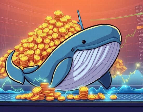 A cartoon whale making a large SOL long position trade on a crypto exchange, symbolizing a significant investment in Solana.