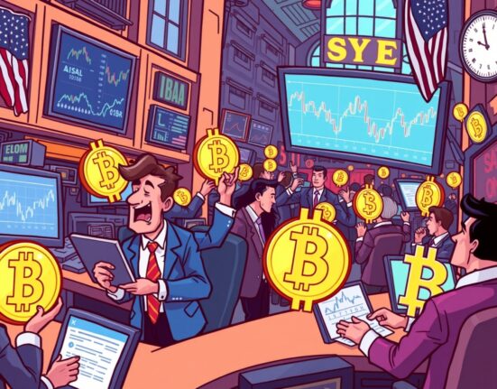 Traders on Wall Street celebrating the launch of Spot Crypto ETFs for Solana, Litecoin, and Hedera, symbolizing a new era of institutional crypto investment.