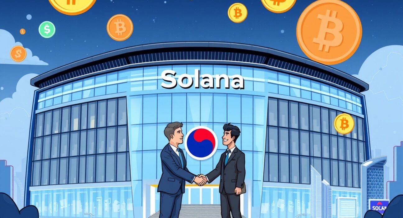A cartoon image illustrating DeFi Development's strategic move to establish a SOL reserve company in South Korea, showing partnership and growth.