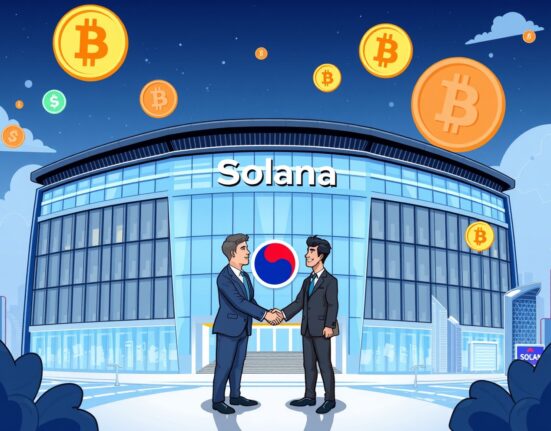 A cartoon image illustrating DeFi Development's strategic move to establish a SOL reserve company in South Korea, showing partnership and growth.