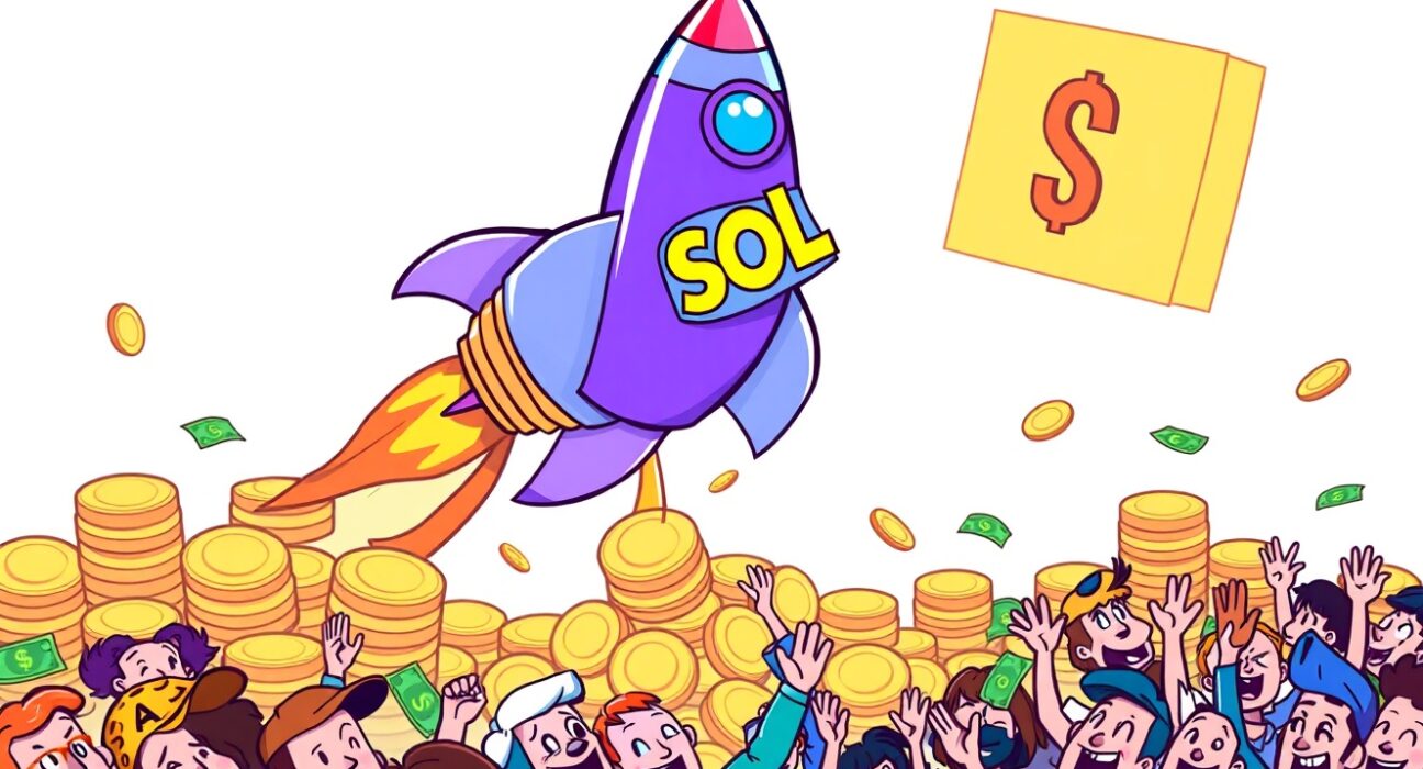 A vibrant cartoon of a SOL rocket launching toward a $700M milestone, symbolizing powerful ETF inflows.
