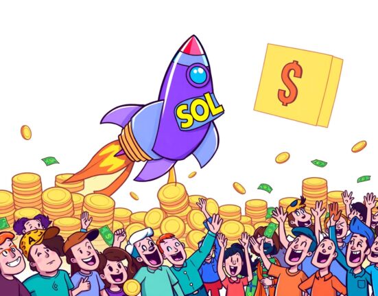 A vibrant cartoon of a SOL rocket launching toward a $700M milestone, symbolizing powerful ETF inflows.