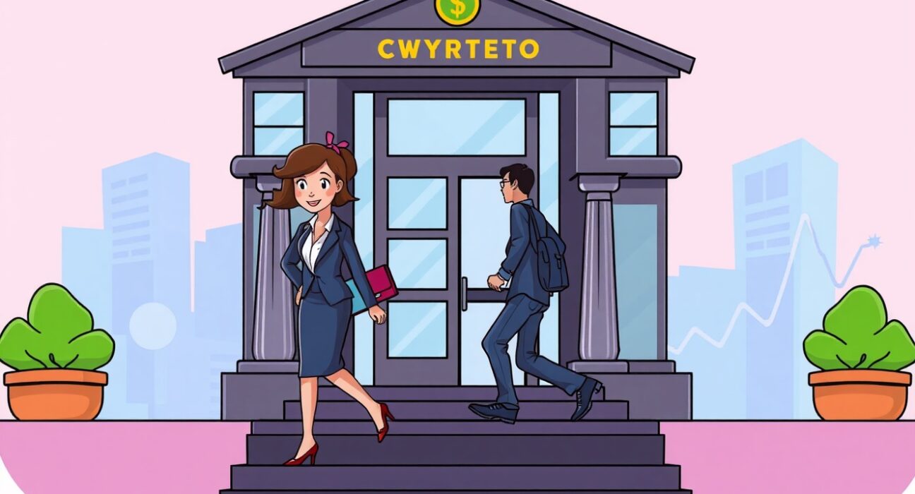 An executive figure departing a building, symbolizing the Sol Strategies CEO transition and the future of Sol Strategies.