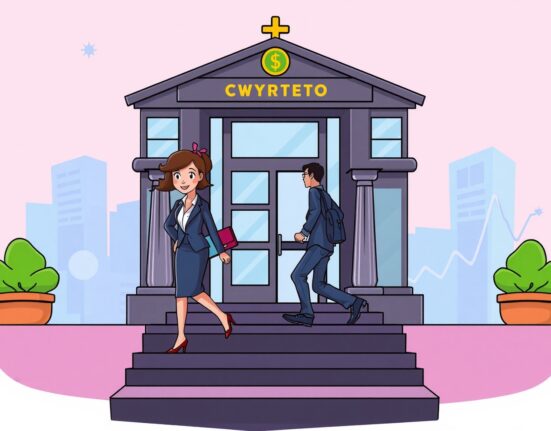 An executive figure departing a building, symbolizing the Sol Strategies CEO transition and the future of Sol Strategies.