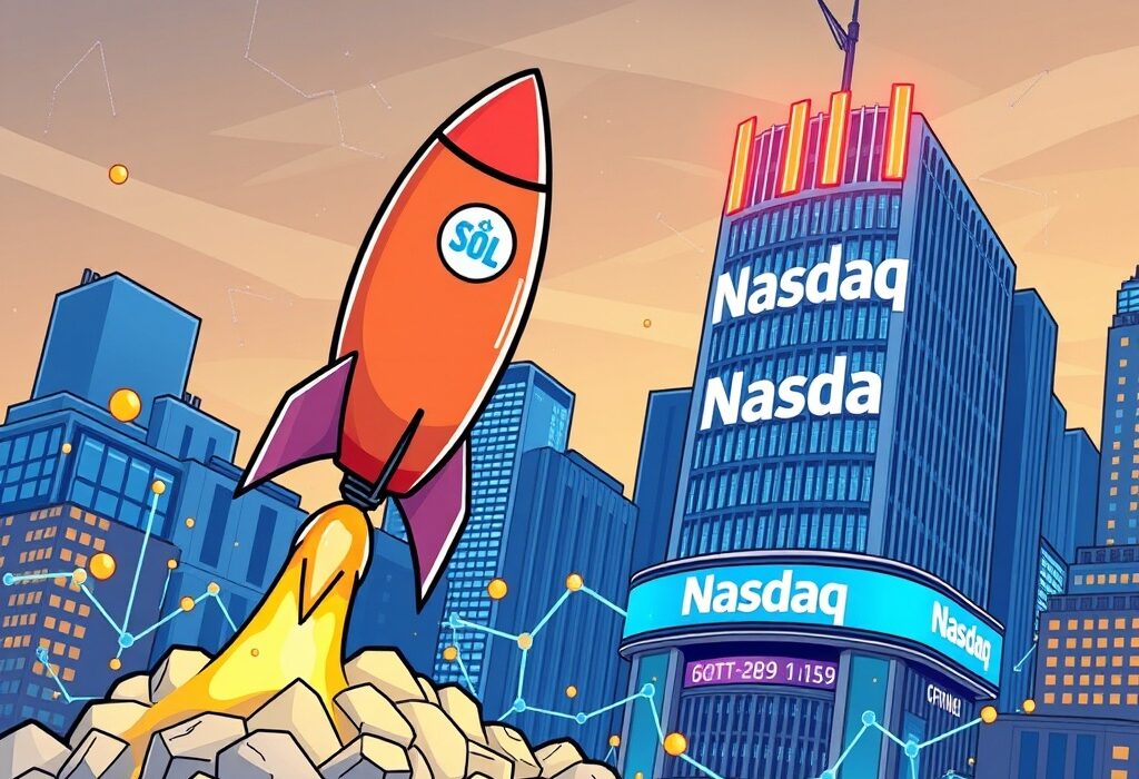 A cartoon rocket with a 'SOL' logo launching towards a Nasdaq sign, symbolizing SOL Strategies Nasdaq listing and its impact on crypto staking.