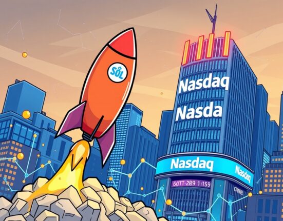 A cartoon rocket with a 'SOL' logo launching towards a Nasdaq sign, symbolizing SOL Strategies Nasdaq listing and its impact on crypto staking.