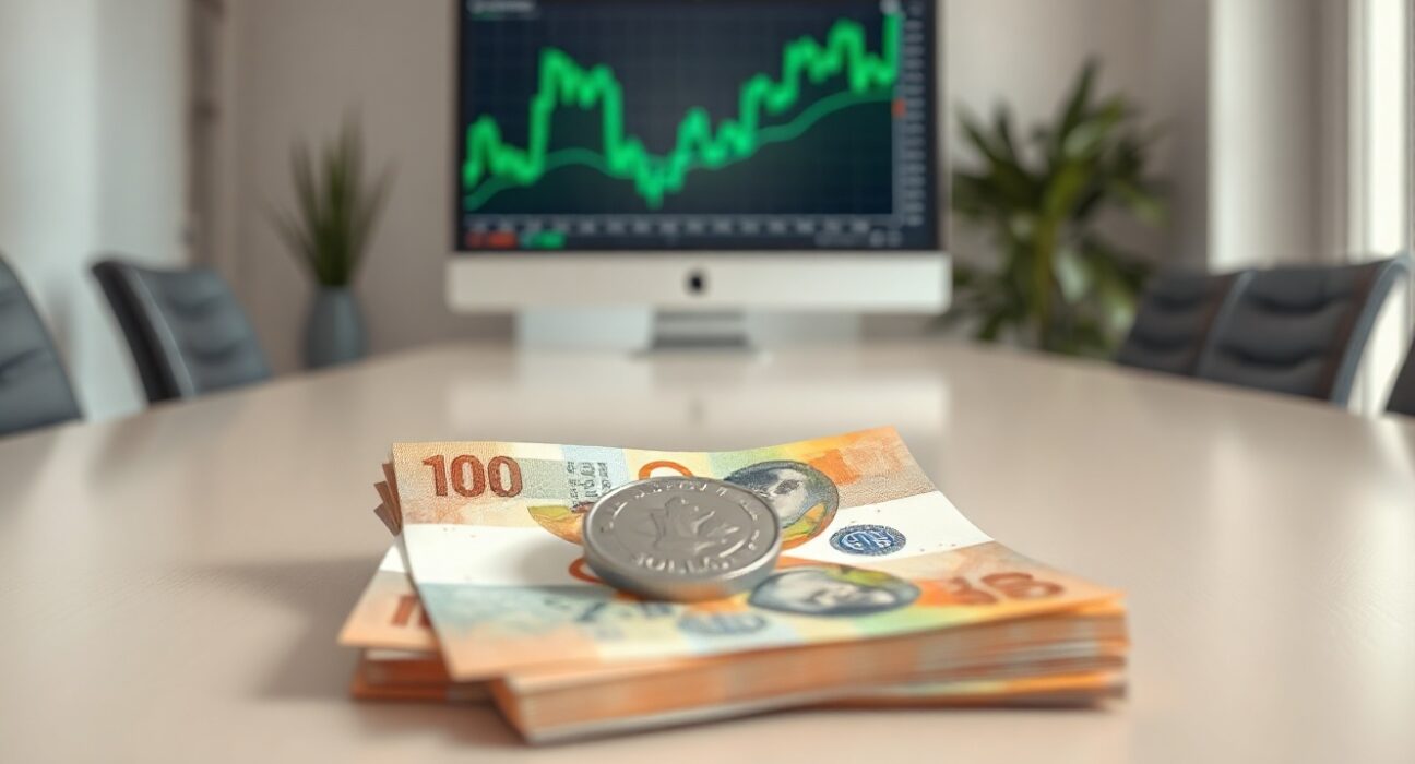 Canadian dollar bills and a Solana coin on a boardroom table, representing debt repayment