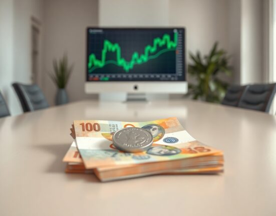 Canadian dollar bills and a Solana coin on a boardroom table, representing debt repayment