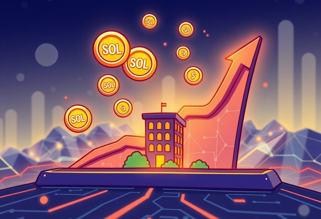 Cartoon illustration showing a rising financial graph with Solana (SOL) coins, symbolizing SOL Strategies' growing SOL holdings and impressive validator revenue.