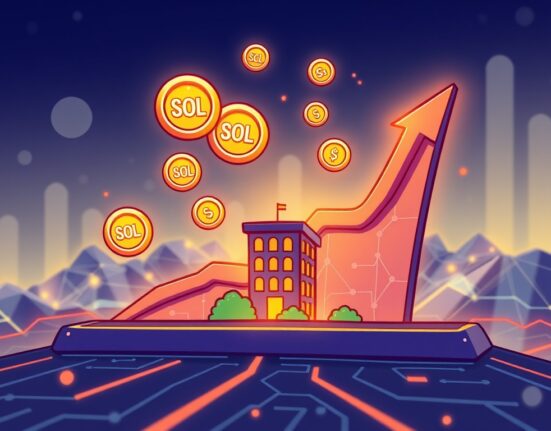 Cartoon illustration showing a rising financial graph with Solana (SOL) coins, symbolizing SOL Strategies' growing SOL holdings and impressive validator revenue.