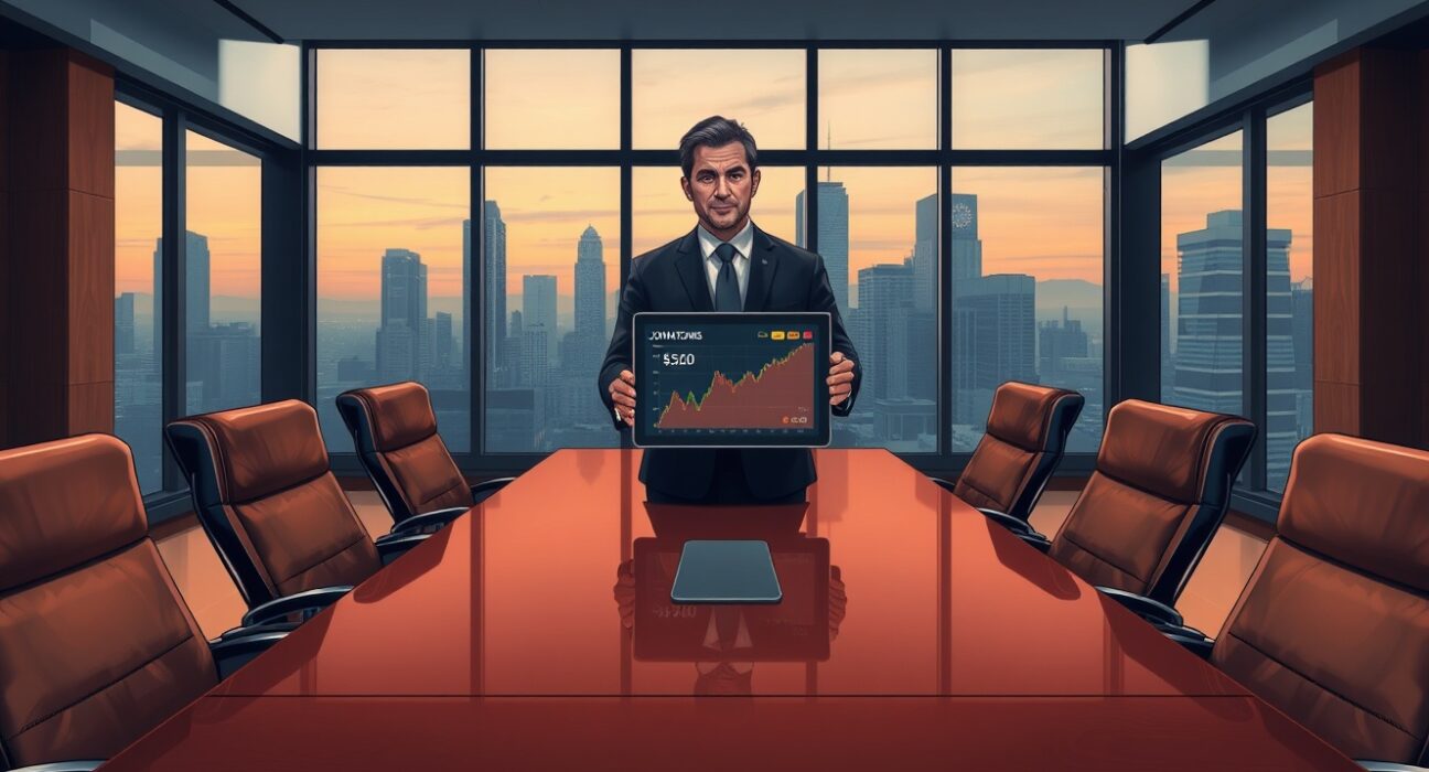 Jon Matonis standing in a modern boardroom with a cryptocurrency chart on a tablet.