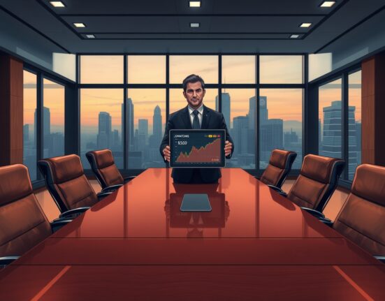 Jon Matonis standing in a modern boardroom with a cryptocurrency chart on a tablet.