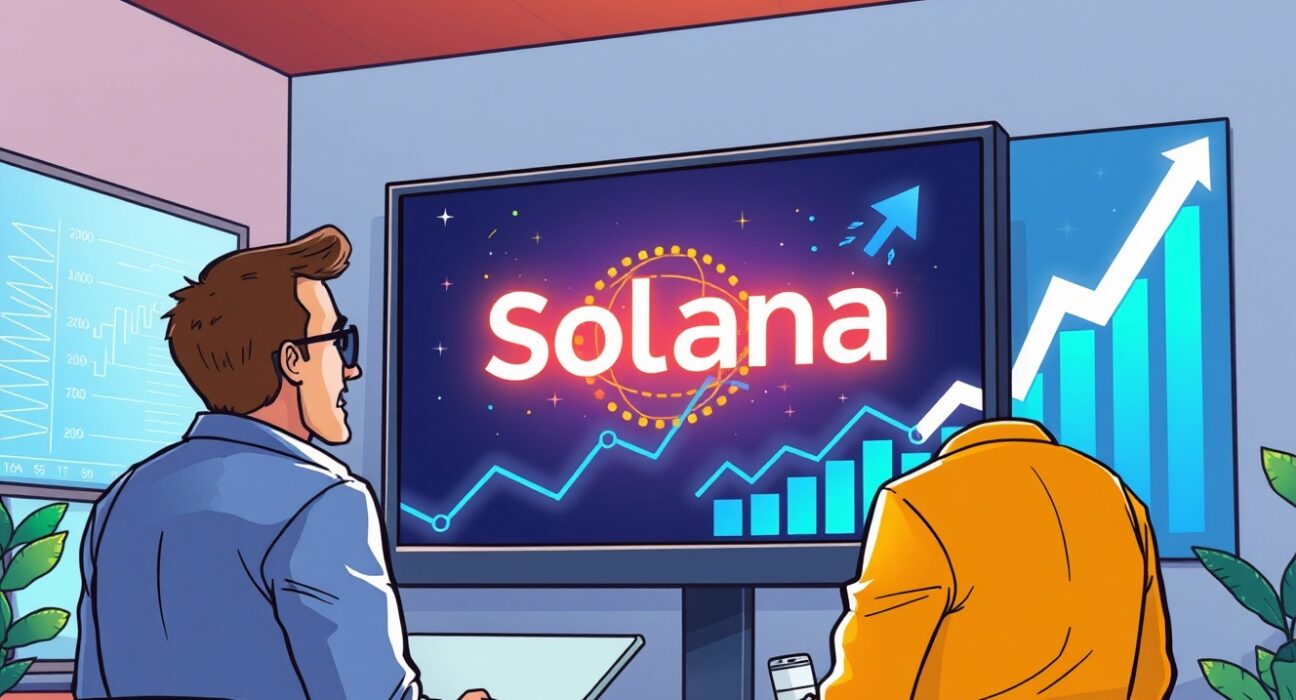 A cartoon illustration showing financial strategists planning strategic SOL investments.