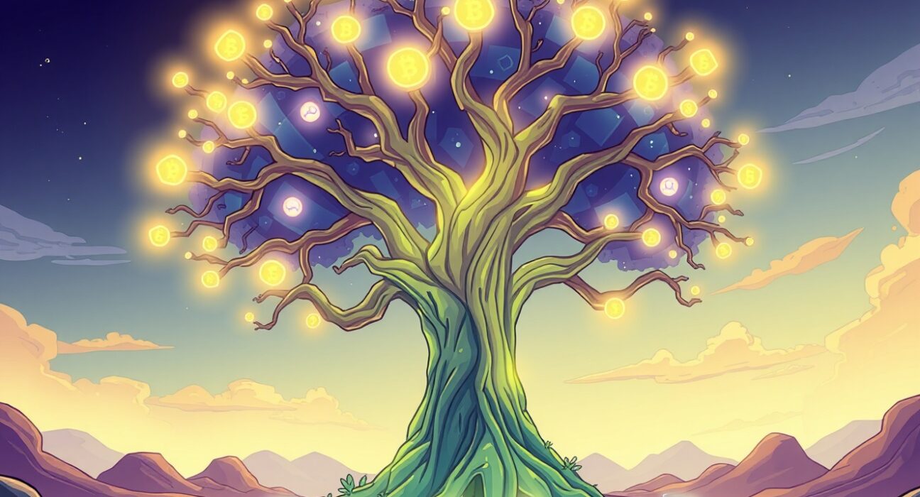 Cartoon illustration of a SOL struggling blockchain network as a wilting digital tree.