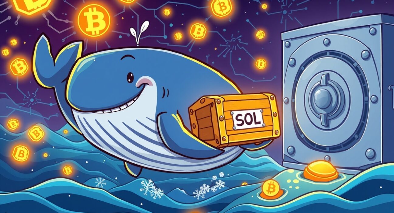 A cartoon whale making a massive SOL transfer to an institutional crypto vault, symbolizing major market movement.